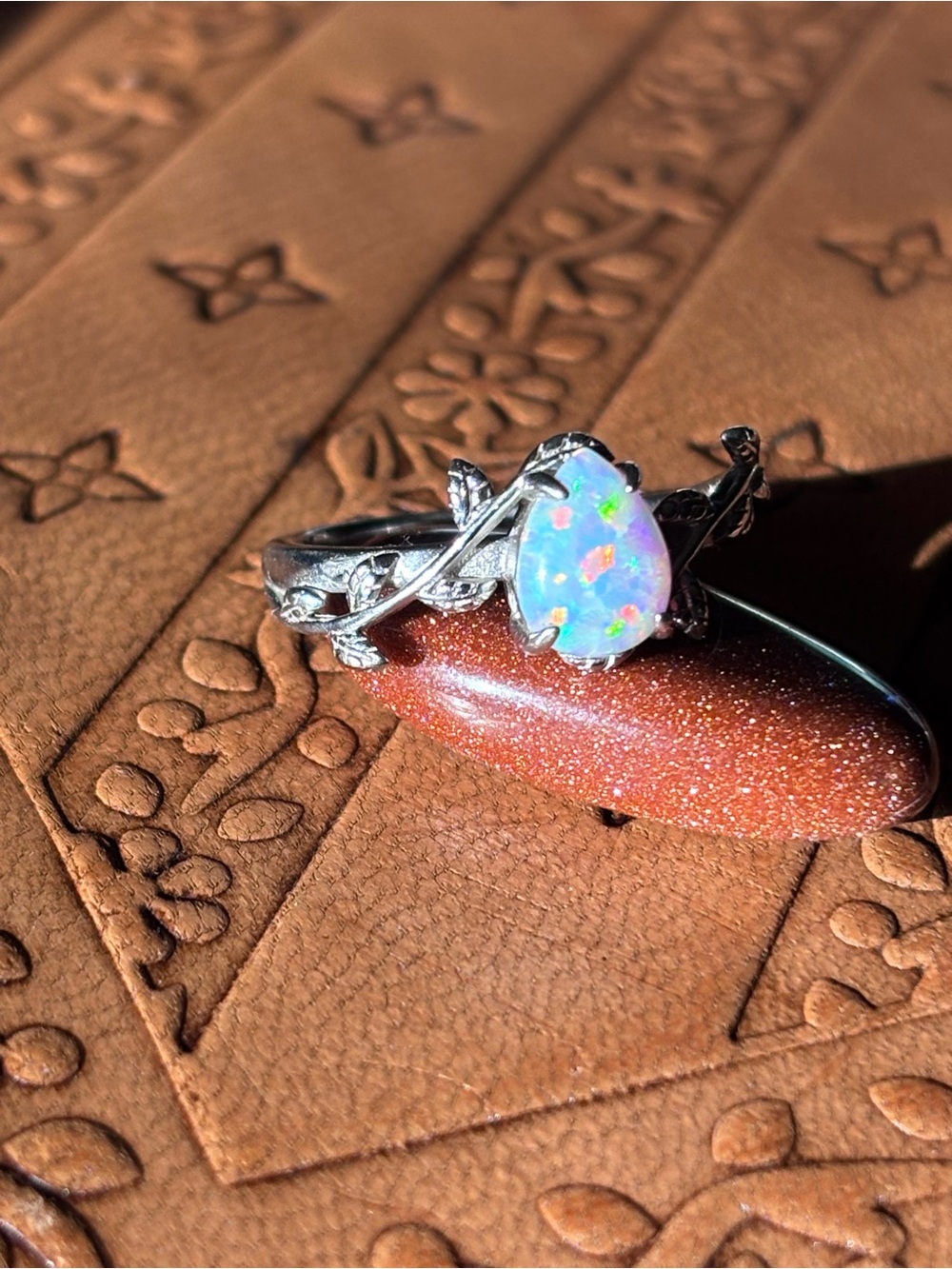 Sterling Silver Pear Opal Vine Leaf Ring Nature Inspired Boho Cocktail 7.5